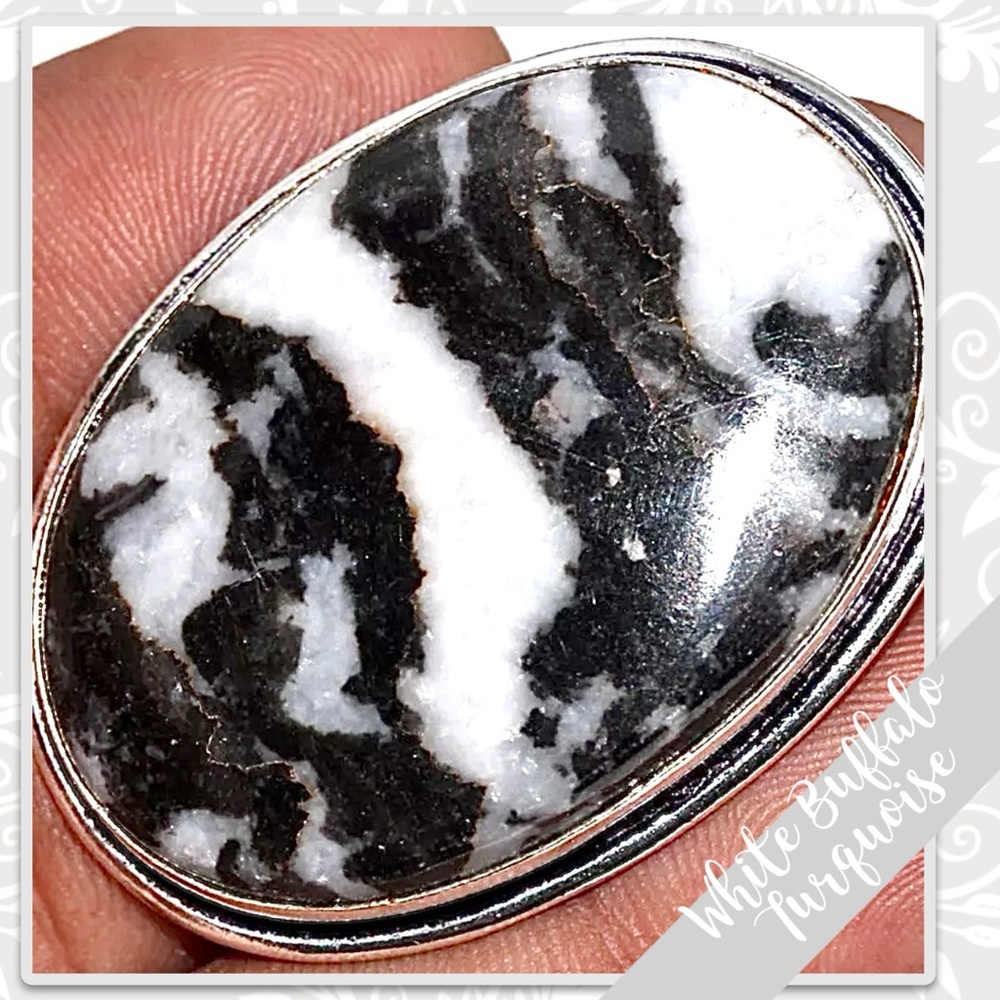 White Buffalo Turquoise Large Eclectic Silver Artisan Ring, 9.5 (Black, White) - Picture 2 of 2